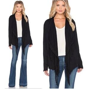 Nation LTD Made in USA Black Fringe Open Front Cardigan Sweater Women Sz Small *